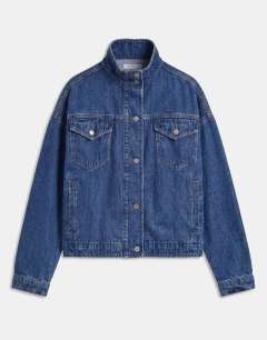 Model wearing Funnel neck elastic hem detail jacket mid blue