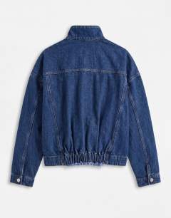Model wearing Funnel neck elastic hem detail jacket mid blue