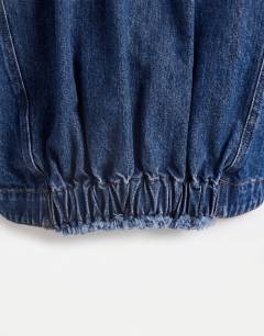 Model wearing Funnel neck elastic hem detail jacket mid blue