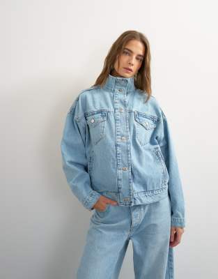 Topshop Funnel Neck Elasticized Hem Detail Jacket In Blue