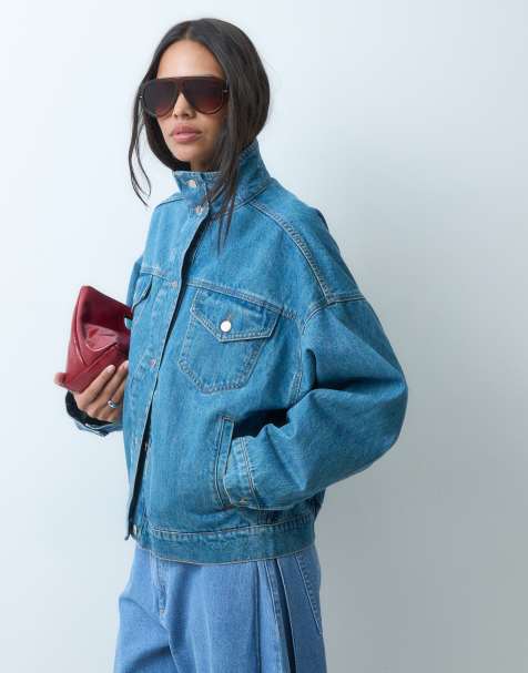 Topshop funnel neck elasticized hem detail jacket in bleached denim - view 1
