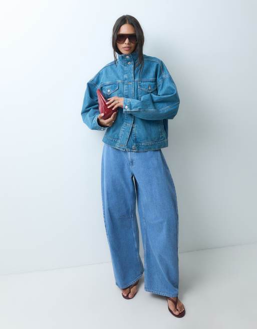 Topshop funnel neck elasticized hem detail jacket in bleached denim, 2 of 4