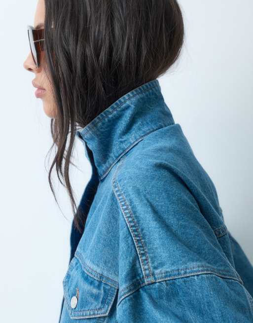 Topshop funnel neck elasticized hem detail jacket in bleached denim, 3 of 4