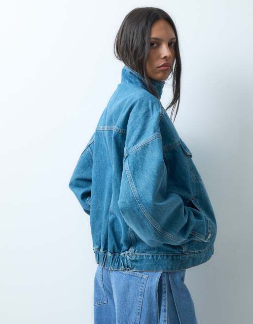 Topshop funnel neck elasticized hem detail jacket in bleached denim, 4 of 4