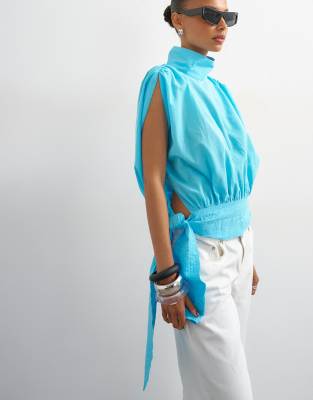 Topshop Funnel Neck Gathered Waist Tie Detail Top In Blue