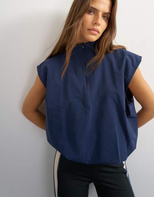 Topshop funnel neck grown-on sleeve tech top in navy, 3 of 4