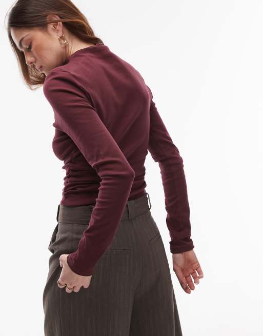 Topshop funnel neck long sleeve top in burgundy, 4 of 4