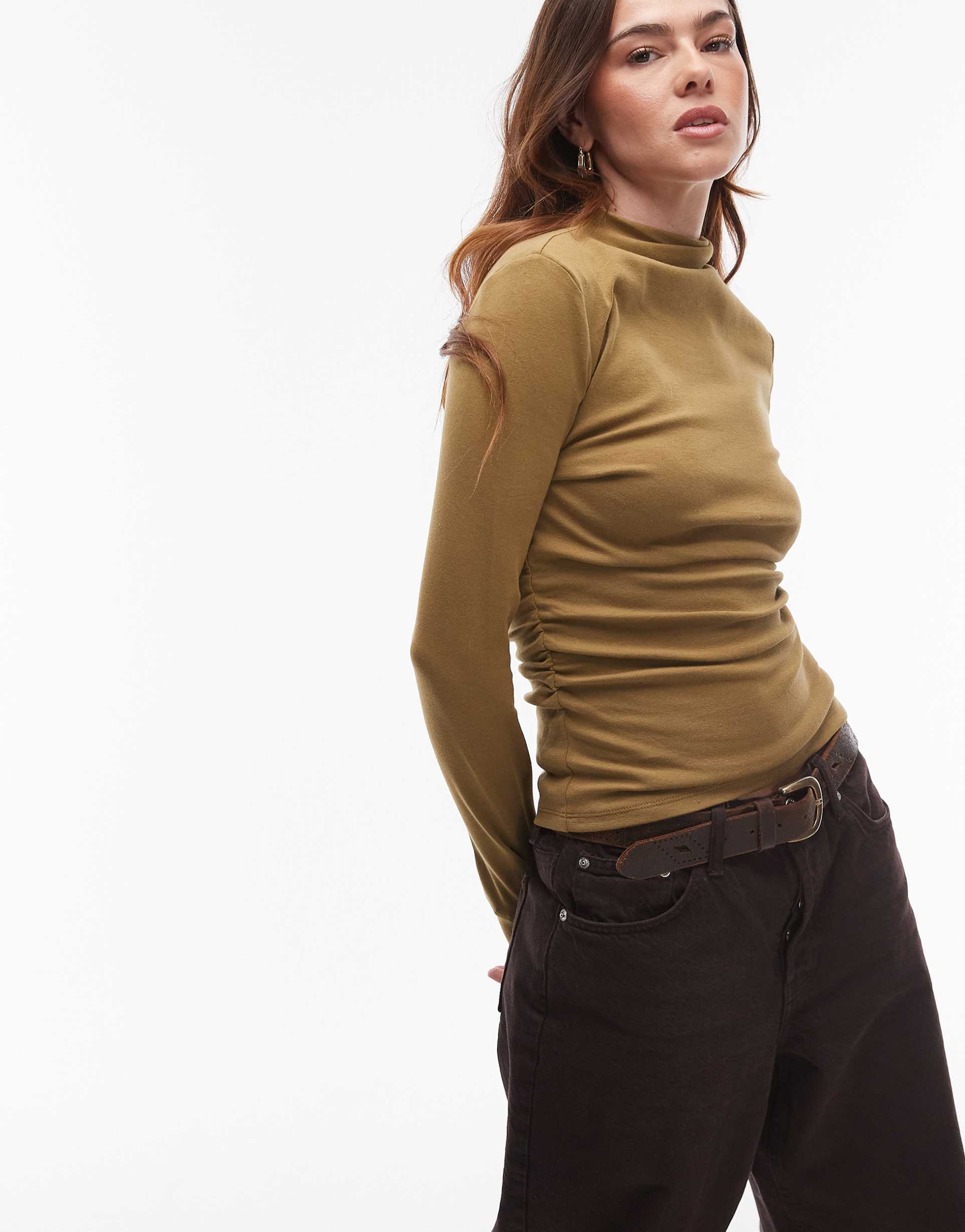 topshop funnel neck long sleeve top in green