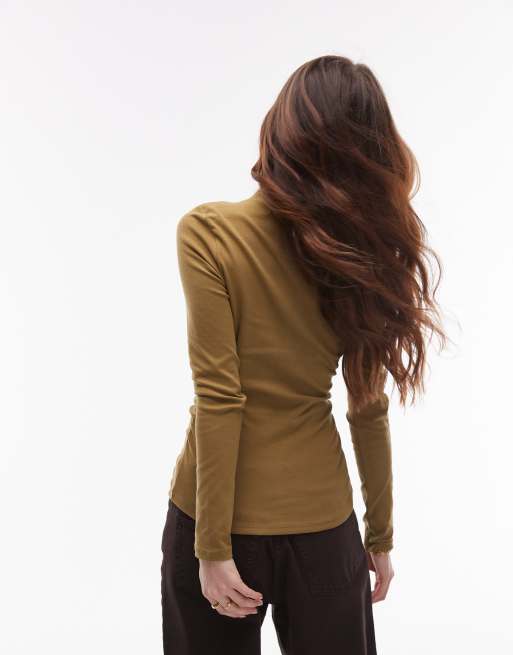 Topshop funnel neck long sleeve top in green