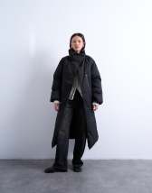 Topshop funnel neck longline belted puffer jacket in black