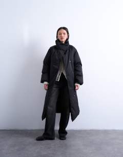 Funnel neck longline belted puffer jacket in black