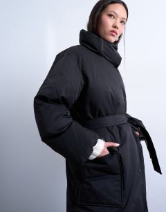 Model wearing Funnel neck longline belted puffer jacket in black