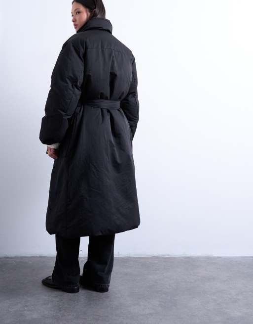 Topshop funnel neck longline belted puffer jacket in black