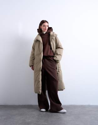 Topshop Funnel Neck Longline Belted Puffer Jacket In Neutral