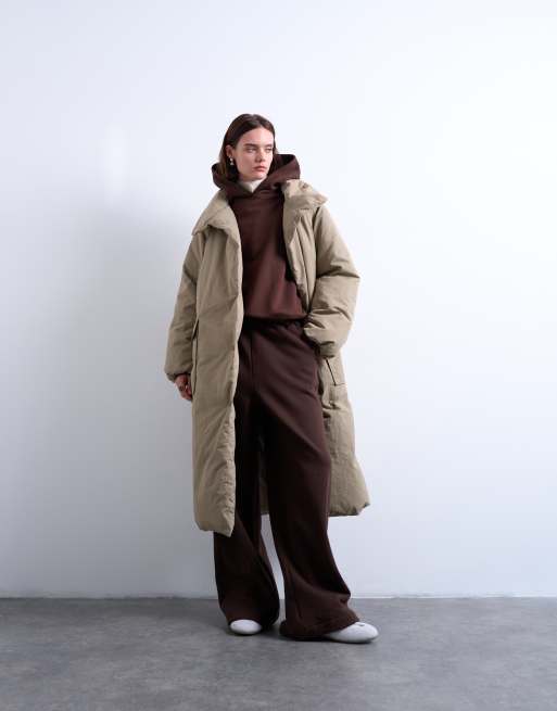 Topshop funnel neck longline belted puffer jacket in stone