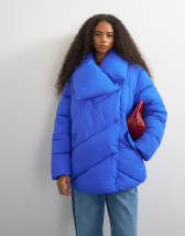 Topshop funnel neck mid length puffer jacket in blue
