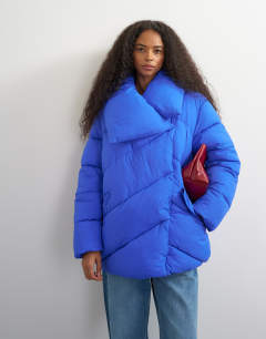 Funnel neck mid length puffer jacket in blue