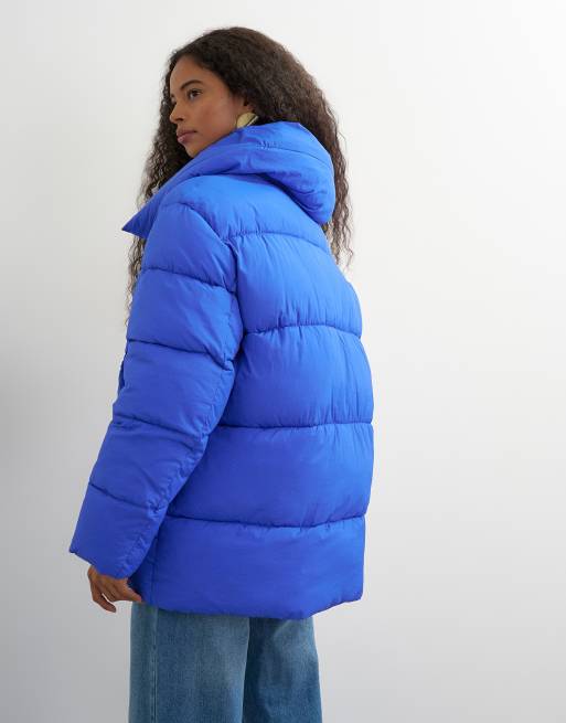 Topshop funnel neck mid length puffer jacket in blue, 3 of 4