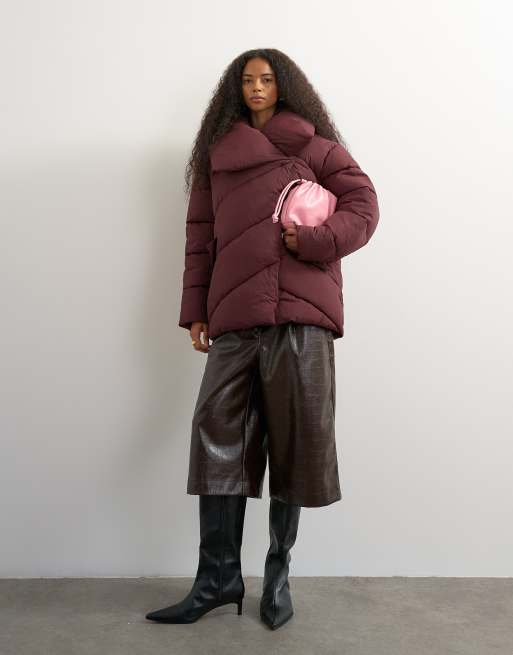 Topshop funnel neck mid length puffer jacket in burgundy, 2 of 4
