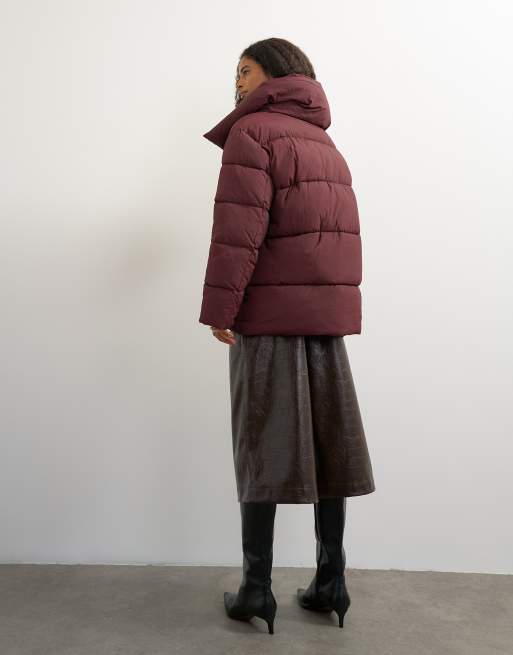 Topshop funnel neck mid length puffer jacket in burgundy, 4 of 4