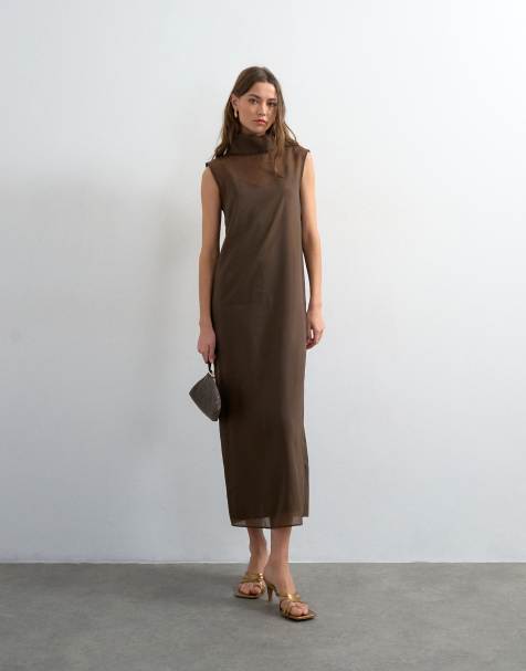 Topshop funnel neck organza sheer maxi dress in chocolate