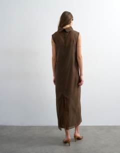 Model wearing Funnel neck organza sheer maxi dress in chocolate