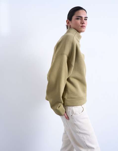 Topshop funnel neck oversized sweatshirt in khaki - view 1