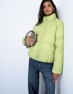 Model wearing Funnel neck puffer bomber jacket in leaf green