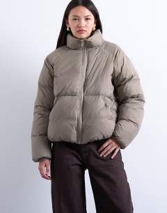 Model wearing Funnel neck puffer bomber jacket in mushroom