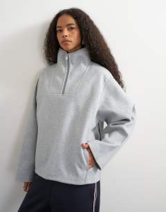 Model wearing Funnel neck quarter zip sweat in light grey
