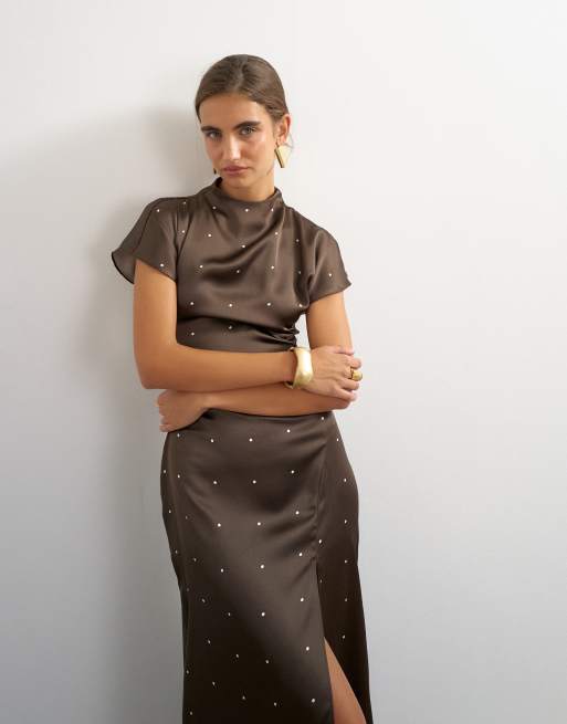Topshop funnel neck satin maxi dress in brown polka dot print, 2 of 4
