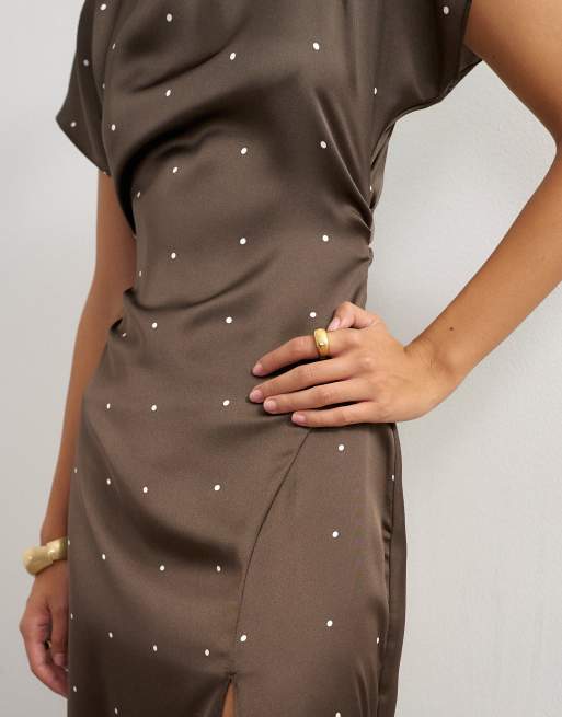 Topshop funnel neck satin maxi dress in brown polka dot print, 3 of 4