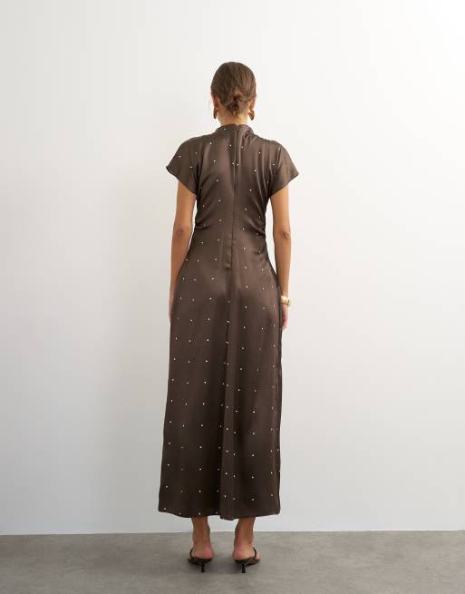 Topshop funnel neck satin maxi dress in brown polka dot, 4 of 4