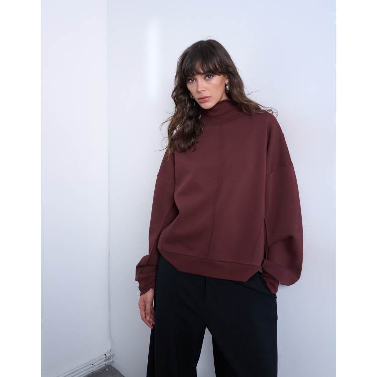 Topshop funnel neck seam detail sweatshirt in chocolate | ASOS