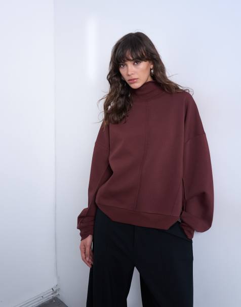 Topshop funnel neck seam detail sweatshirt in chocolate