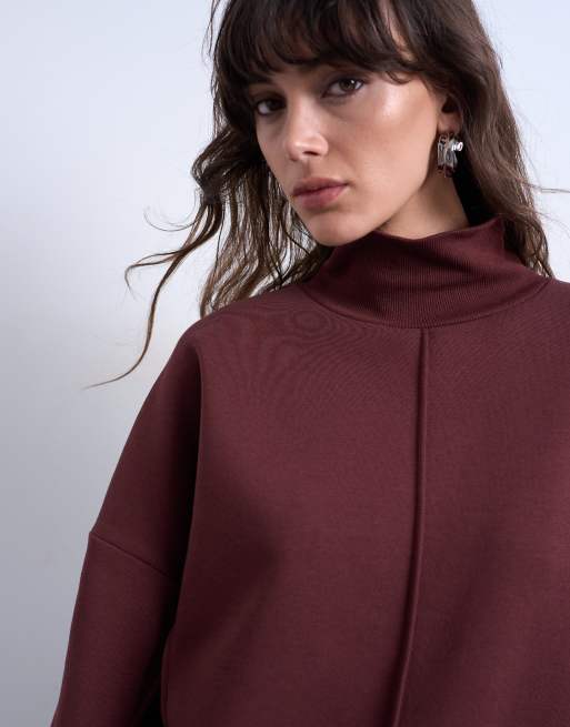 Topshop funnel neck seam detail sweatshirt in chocolate, 4 of 4