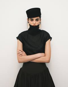 Funnel neck sheer organza top in black