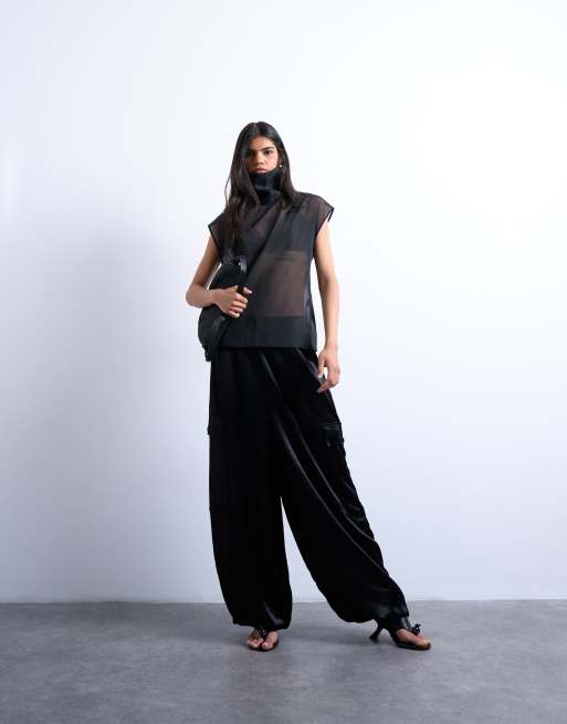 Topshop funnel neck sheer organza top in black, 2 of 4