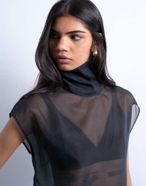 Topshop funnel neck sheer organza top in black | ASOS