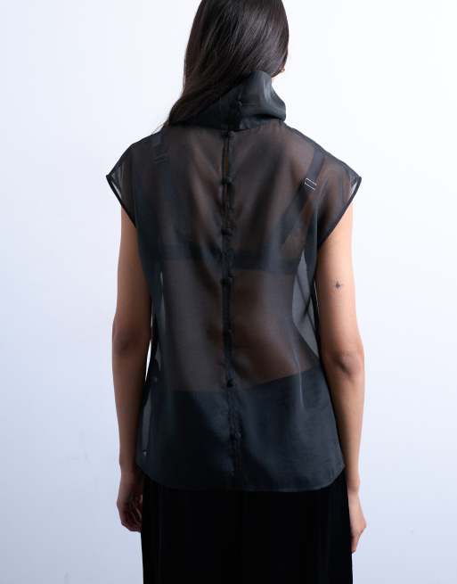Topshop funnel neck sheer organza top in black | ASOS