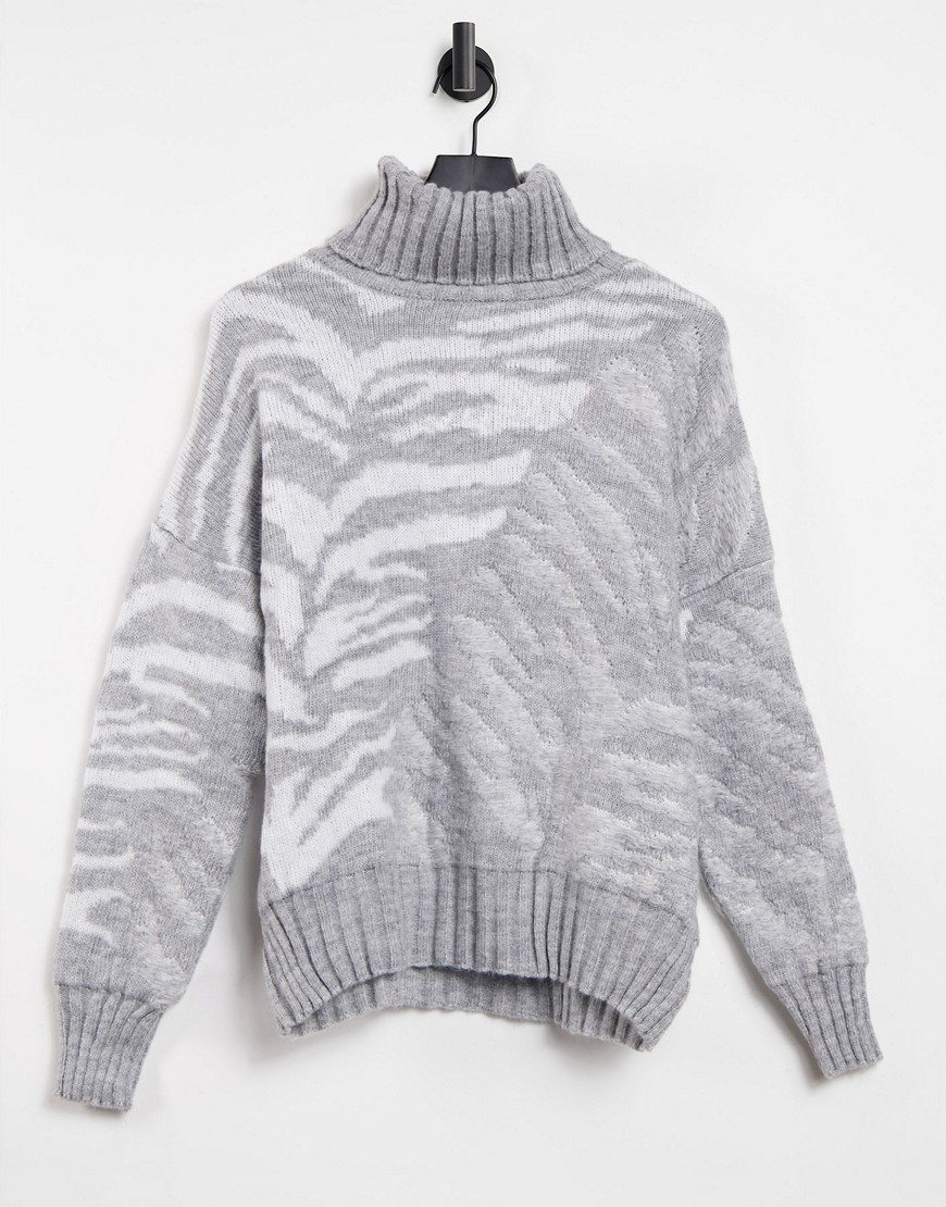 Topshop funnel neck sweater in gray animal print-Neutral
