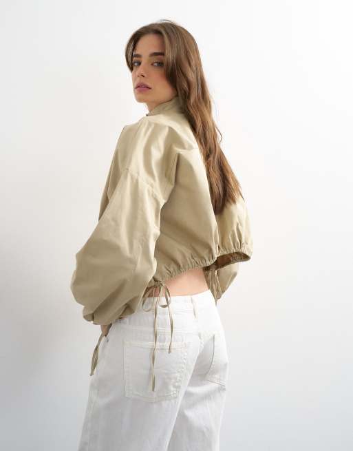 Topshop funnel neck tie detail shirt in stone, 3 of 4