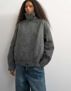 Funnel neck wool belted bomber jacket in check