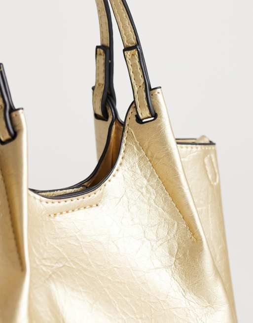 Topshop Gabbie grab bag small with detachable cross body strap in gold, 2 of 4