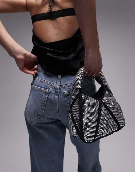 Topshop – Gabby – Czarna torebka do ręki zdobiona strasami