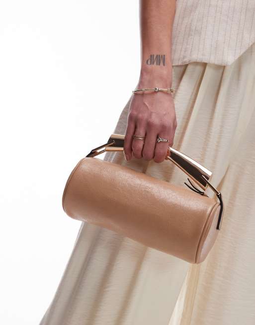 Topshop – Gabi – Beżowa torebka barrel do ręki z metalowym uchwytem