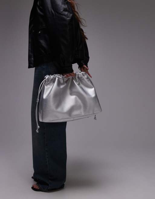 Topshop - Gabi - Oversized clutch-taske i sølvfarve med rynkedetalje