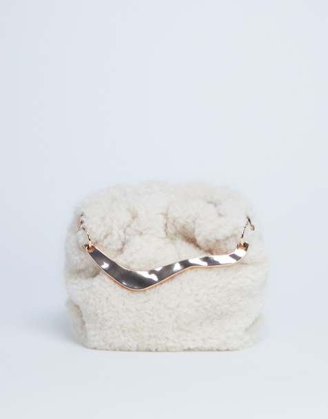 Topshop Gabriette borg metal trim handle grab bag in cream - view 1
