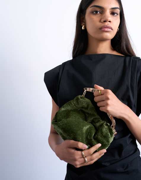 Topshop - Gabriette - Handtas van fluweel met metalen handvat in kaki - view 1