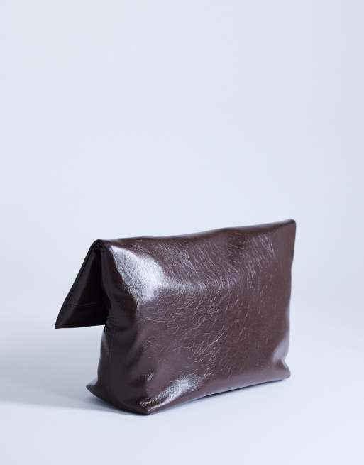 Topshop Gaia large clutch bag with gold hardware in chocolate, 4 of 4